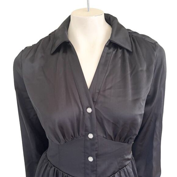 NWT ZARA Rhinestone Button Satin Mini Shirt Dress in Black SZ S - Picture 4 of 12